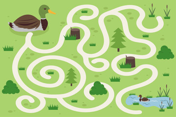 Children's educational game labyrinth. Vector game for children with cute ducks
