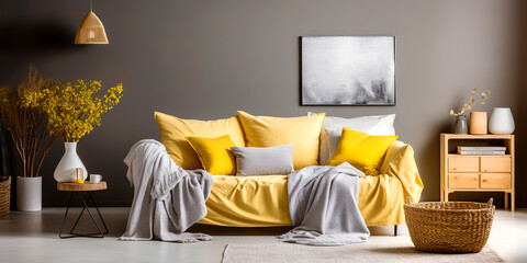 Sofa with yellows pillows and grey plaids. Wicker basket against dark grey wall with poster frame. Scandinavian hygge interior design of modern living room, home.