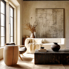 Boho nomadic interior design of modern living room, home.