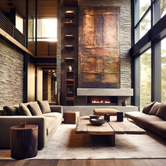 Brown sofas against stone tiles cladding wall in room with high ceiling. Loft interior design of modern living room, home.