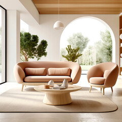 Japandi minimalist interior design of modern living room, home with arch window.