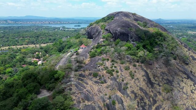 Aerial drone landscape of sacred religious royal cave palace Golden Temple of Dambulla Rangiri Sri Lanka Buddhist philosophy Spiritual sanctuary Asia