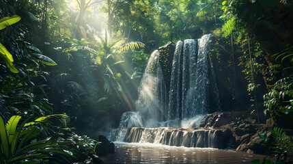 A beautiful waterfall in the middle of a lush green jungle. - obrazy, fototapety, plakaty