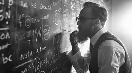 Male mathematician at a blackboard, genius, solving complex equations, thoughtful, styled as black and whitegraphy. - obrazy, fototapety, plakaty