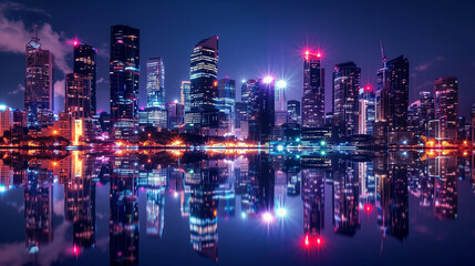 City lights reflecting off of a river at night.