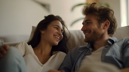 Young Couple's Friendly Conversation at Home: Smiles and Warm Gazes Exchanged Between the Man and Woman, Comfort and Connection in Domestic Setting