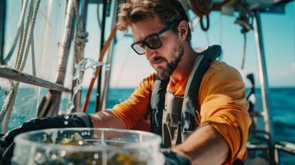 Marine biologist on a boat, adventurous, examining marine life samples, excitement and passion, styled as a vivid, realistic portrait.