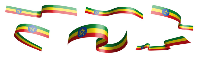 Set of holiday ribbons. Ethiopia flag waving in wind. Separation into lower and upper layers. Design element. Vector on white background
