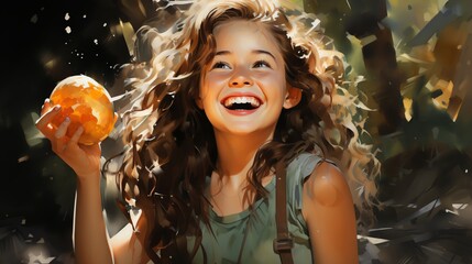Charming and soft watercolor ad showing a young girl smiling as she picks a coconut, with the scene set against a sunset, blending warm oranges and cool greens for a magical effect