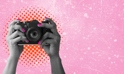 Digital collage with female hands holding vintage film camera on pink background with copy space.