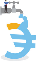 Businessman opens water tap and fills euro symbol with water, economic bubble, inflation