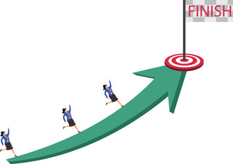 Businesswomen compete on arrows race to bullseye flag finish