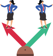 Two businesswomen standing on arrows pointing in different directions, business concept illustration