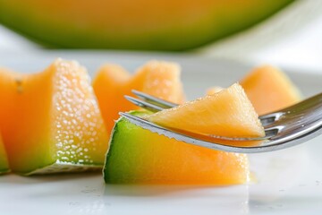 a fork sliced into pieces of a melon cube and a half cut melon in shades of green and yellow on background,