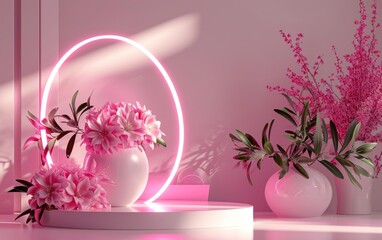 White round platform stage near a pink bouquet of flowers and eucalyptus leaves in white vase with a circle neon light background. 3D podium displaying products