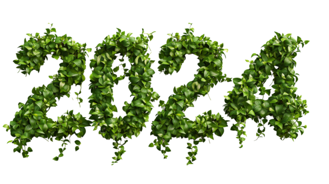 2024 symbol made from green leaves. environmental sign two thousand twenty-four. png object isolated on transparent background, mockup, design, template, layout, sticker