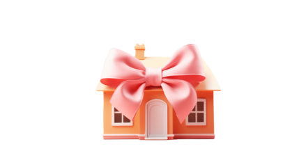 toy house with pink gift bow and ribbon. real estate. png object isolated on transparent background, mockup, design, template, layout, sticker