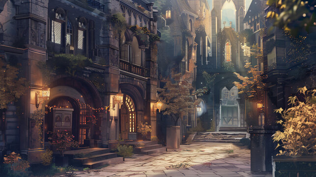 Street view of a wizards academy in a fantasy city. 