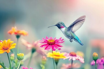 Obraz premium Energetic hummingbirds in flight targeting vibrant flower nectar for feeding on a sunny day