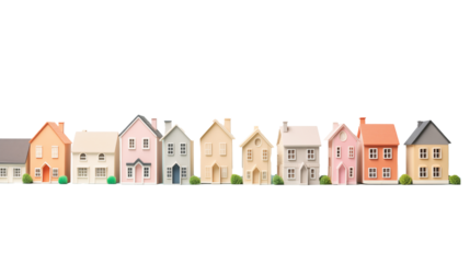 
toy houses stand in a row. real estate. png object isolated on transparent background, mockup, design, template, layout, sticker