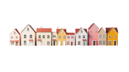 
toy houses stand in a row. real estate. png object isolated on transparent background, mockup, design, template, layout, sticker