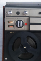 close-up of an old tape recorder for playing magnetic tape for listening to music