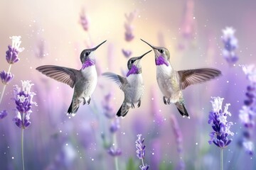 Obraz premium Graceful hummingbirds in vibrant flight, targeting and sipping nectar from colorful flowers