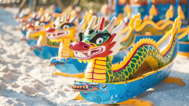 A row of dragon boats with painted cartoon dragons on the beach