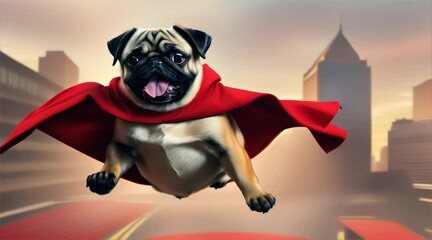 Dog enjoys sunny skies, wears a red cape like a superhero.