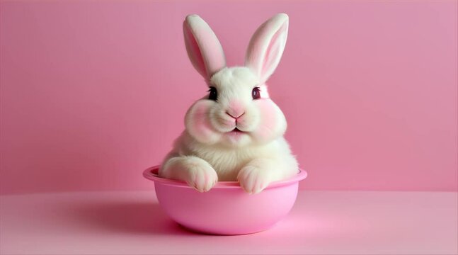 Cute white Easter bunny against pink background in studio