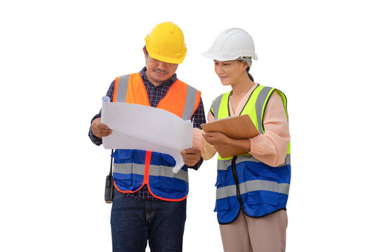 Female engineer and foreman worker checking project at building site, Engineer and builders in hardhats discussing on construction site, Teamwork concepts