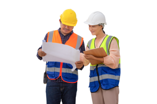 Female engineer and foreman worker checking project at building site, Engineer and builders in hardhats discussing on construction site, Teamwork concepts