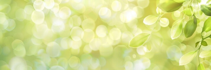 a tree branch with small leaves with sun rays, green blurry bokeh background