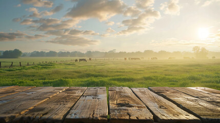 Summer morning light over a grassy field with cows 