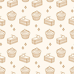 Pastry, sweet bakery seamless pattern cupcakes.