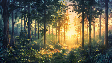 Sunrise morning inside fantasy forest painting illustr