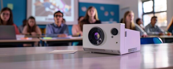 A white projector is placed on the table in front of students sitting at desks - obrazy, fototapety, plakaty