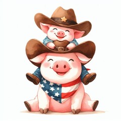 Fototapeta premium Pigs Father and Son. Patriotic with American Flag. Watercolor 4th July Memorial Day Clip Art. Celebration USA (United State) Art Cute Kid Cartoon For Independence Day or Father Day