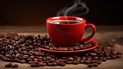 A red coffee cup filled with black coffee on a wooden background with coffee beans - Powered by Adobe