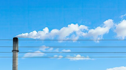 power lines and an electric p preset against the blue sky with smoke coming out of industrial chimneys