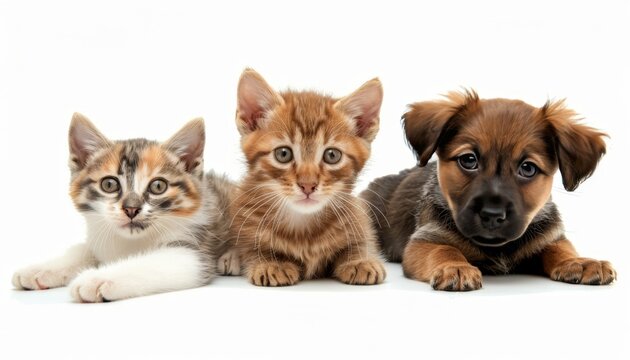 Various cats and dogs in studio shot on white background with plenty of space for text and design