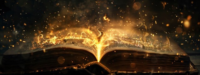 An open book with pages turning into glowing light particles on black background