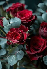 Bouquet of red roses with eucalyptus leaves