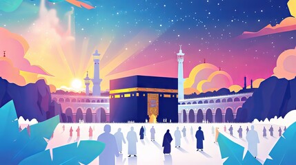 Colorful banner design celebrating the blessings of Eid al-Adha with a symbolic illustration of the Kaaba and pilgrims performing Hajj - obrazy, fototapety, plakaty