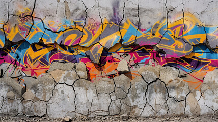 A wall of cracked concrete, its imperfections highlighted and celebrated through the application of...