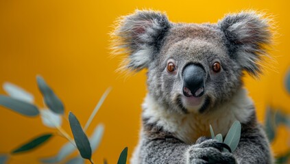 Fototapeta premium Koala bear sitting on a branch eating leaves, zoo, conservation base, 4K wallpaper, sunset, forest, environmental protection, animal care theme.Caring Koala: Embracing Nature's Harmony