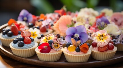 Plate of cupcakes adorned with fresh fruit and flowers