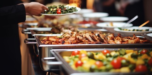 buffet food indoor in the restaurant meat colorful fruits and vegetables catering a group of people...