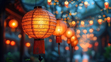 Chinese red lanterns light up along village streets on the eve of Chinese New Year happiness