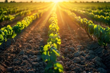 Golden sunrise illuminating green vineyard rows with rich, dry soil under a clear sky. Perfect for depicting agriculture, viticulture, and natural beauty.